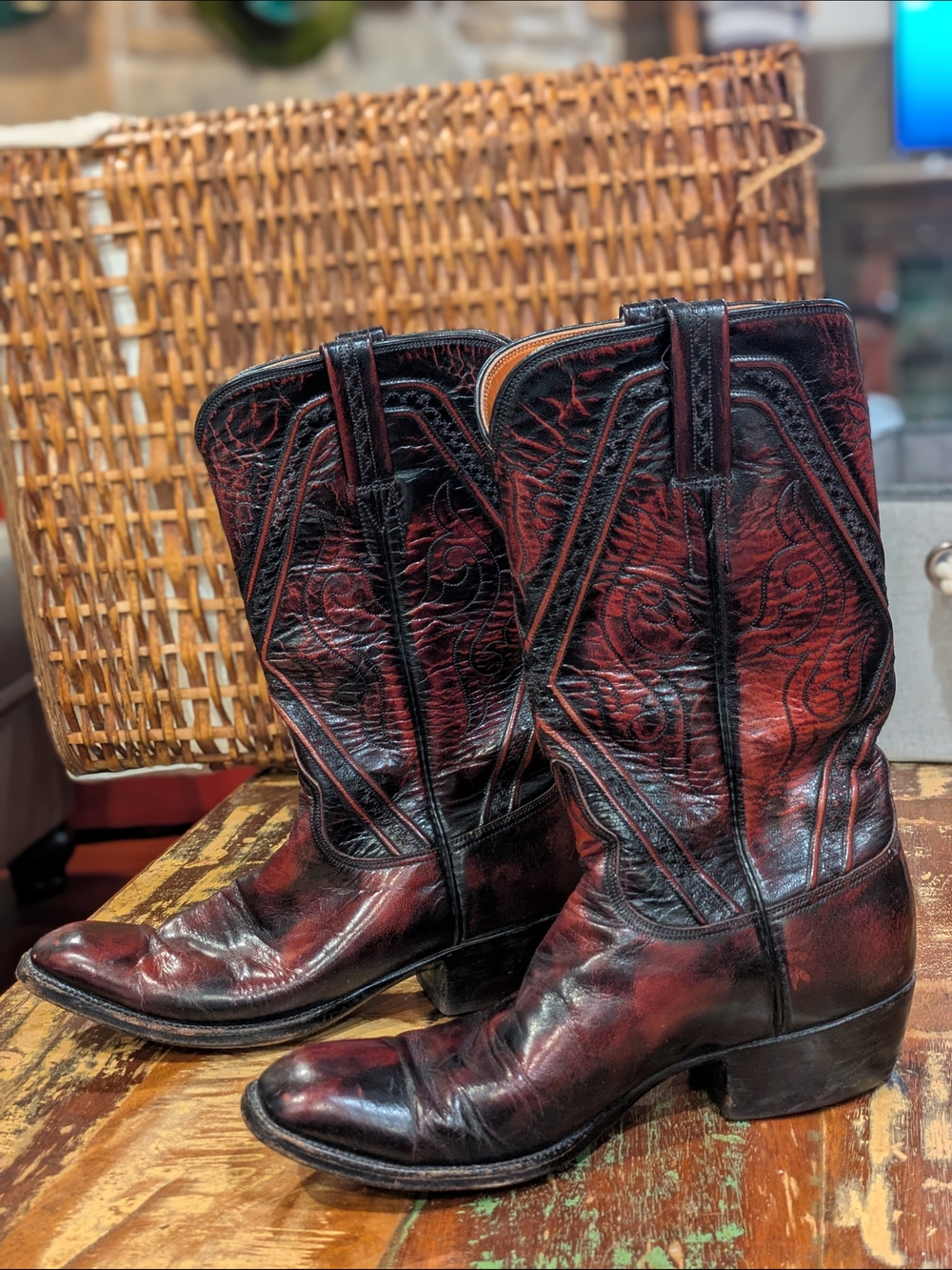 Lucchese Classic Western Red and Black Leather Cowboy Boots